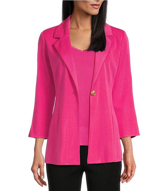 Ming Wang Solid Knit Notch Lapel Collar 3/4 Sleeve Side Slit Shoulder Pad  One-Button Single Breasted Jacket