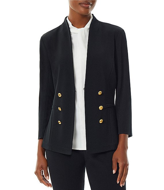 Color:Black - Image 1 - Stand Collar 3/4 Sleeve Button Trim Knit Jacket