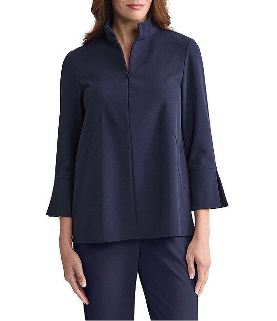 Ming Wang Stretch Deco Crepe Stand Collar Bracelet Sleeve Zip Front Blouse