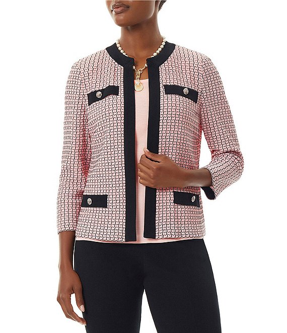 Color:Pink Satin/Black - Image 1 - Textured Knit Jewel Neck 3/4 Sleeve Contrast Trim Jacket