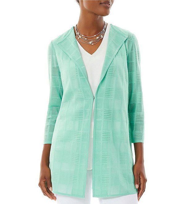 Color:Seaspray - Image 1 - Textured Sheer Knit Wing Collar 3/4 Sleeve Jacket