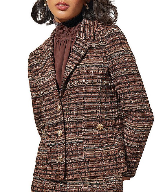 Ming Wang Tweed Knit Notch Lapel Collar Long Sleeve Pocketed Button Front  Jacket