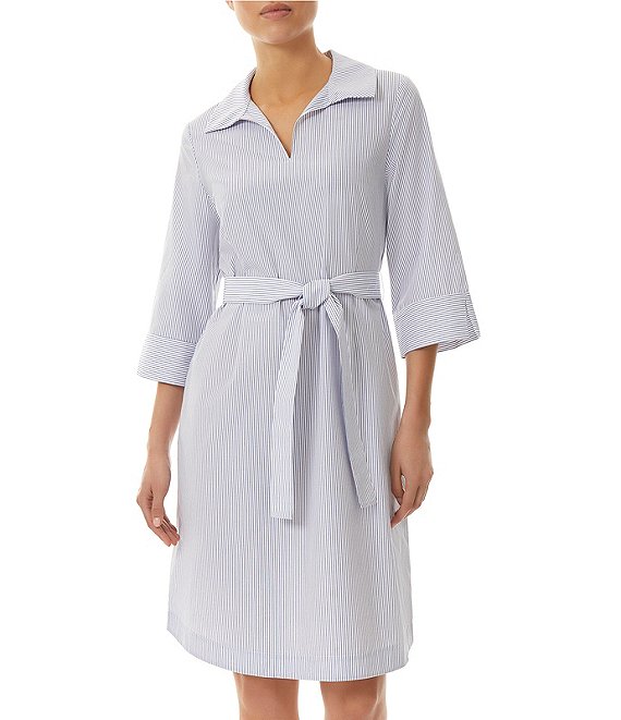 Ming Wang Woven Pinstripe Print Wing Collar 3/4 Sleeve Belted Dress ...