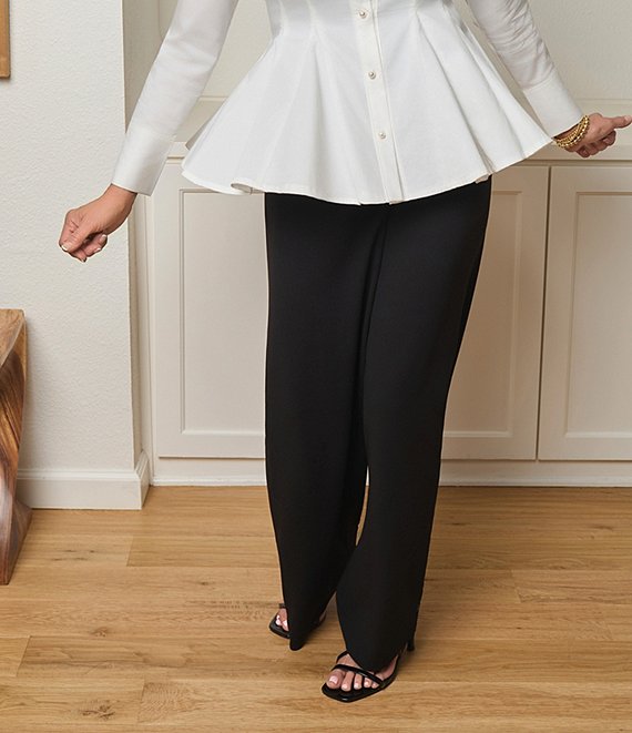 Ming Wang x Anna Marie Stretch Deco Crepe No-Roll Waistband Pintuck Wide Leg Pull-On Pants