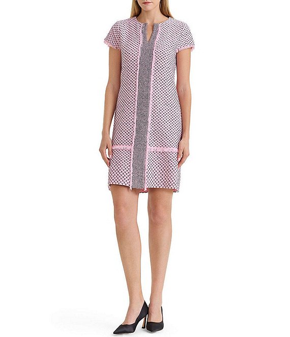 Ming Wang x Family Savvy Shell Stitch Fringe Accent Split V-Neck Cap Sleeve Dress