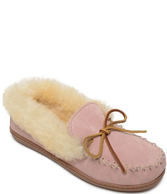 Color:Pink - Image 1 - Alpine Suede Sheepskin Moc Slippers