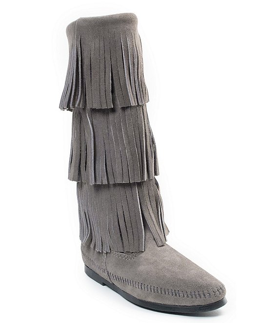 Color:Grey - Image 1 - Women's Calf Hi 3-Layer Fringe Boots