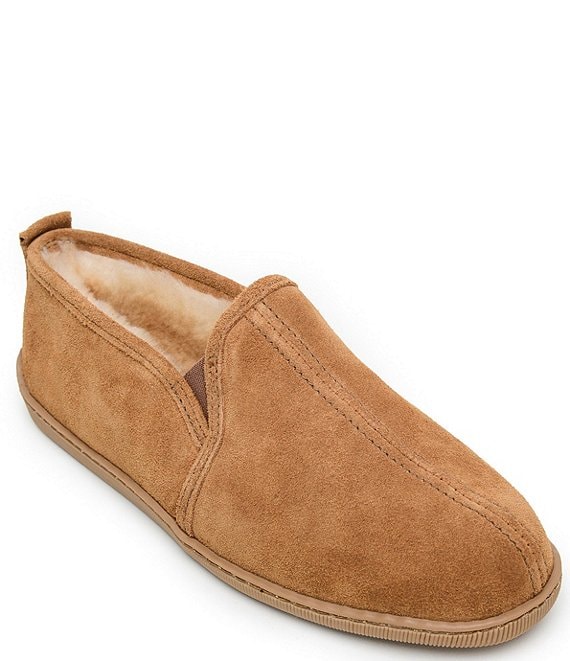 Color:Tan - Image 1 - Men's Twin Gore Suede Sheepskin Slippers