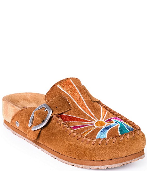 Minnetonka Sunset Embroidered Suede Buckle Clogs