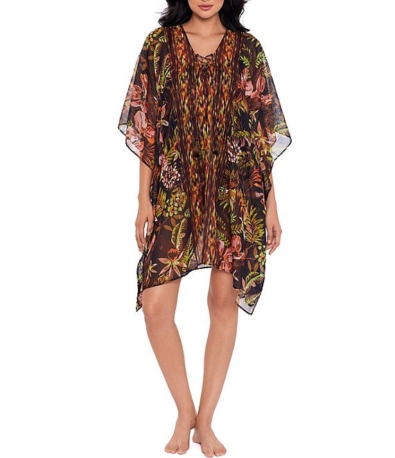 Miraclesuit Botanico V-Neck Lace-Up Tassel Caftan Swim Cover-Up | Dillard's