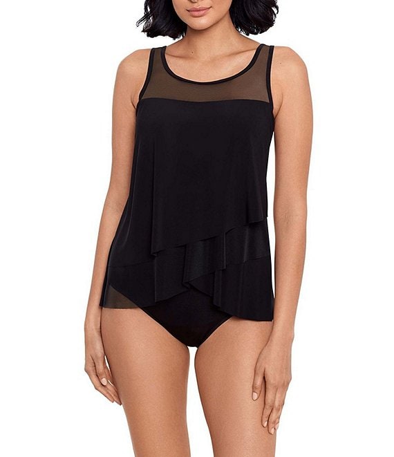 Miraclesuit Illusionist Mirage Scoop Neck DD-Cup Size Underwire Bra Tankini Swim Top & Solid High Rise Bikini Swim Bottom