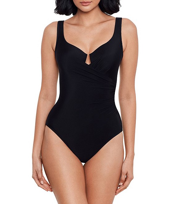 Miraclesuit Must Haves Underwire Bra Front Keyhole Tank One Piece Swimsuit, Black - Image 1