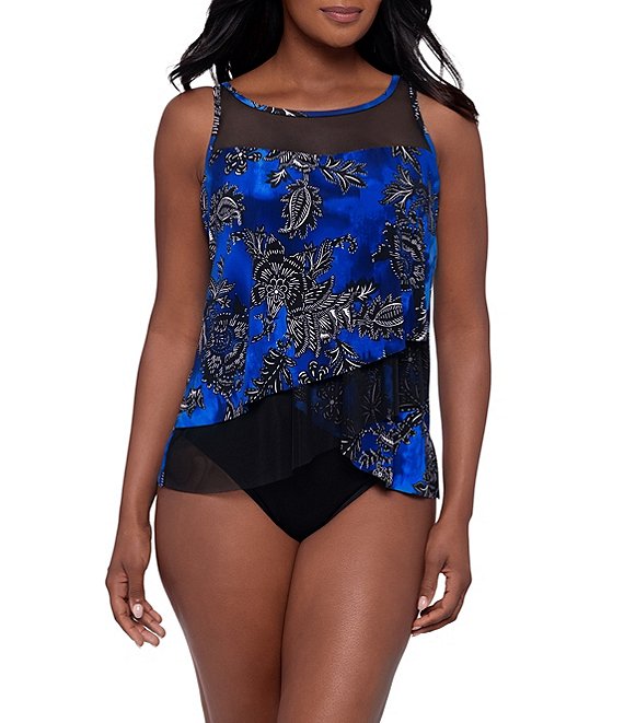 Miraclesuit Obsidian Flora Mirage Scoop Neck Underwire Bra Tankini Swim Top & Solid High Rise Bikini Swim Bottom