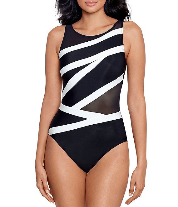 Miraclesuit Moonlight at the Oasis It's a Wrap One Piece Swimsuit,  Black/White, Size 10, from Soma