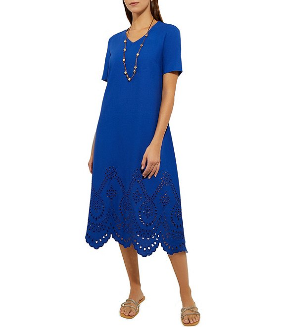 Color:Satin Sky - Image 1 - Cotton Blend Woven Eyelet Trim V-Neck Short Sleeve Midi Dress