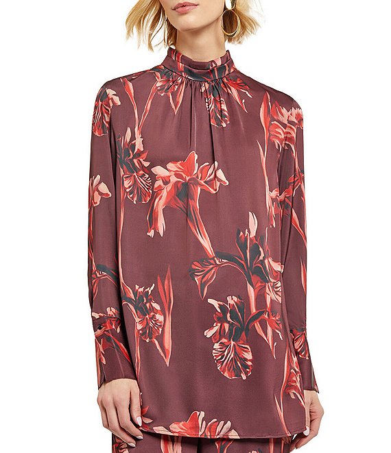 MISOOK Crepe de Chine Floral Print Mock Neck Long Sleeve Coordinating ...