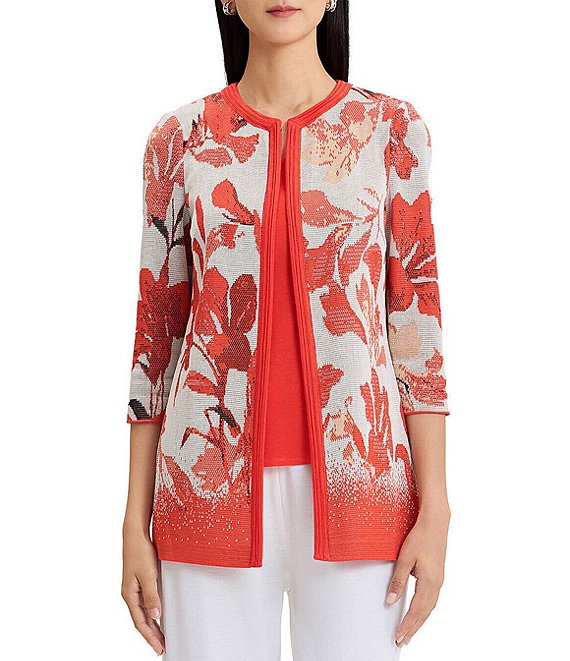 MISOOK Floral Jacqaurd Flat Knit Jewel Neck 3/4 Sleeve Jacket