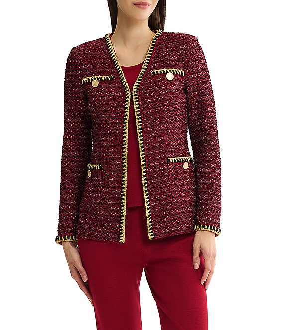 MISOOK Lurex Tweed Knit Gold Trim Open V-Neck Long Sleeve Jacket