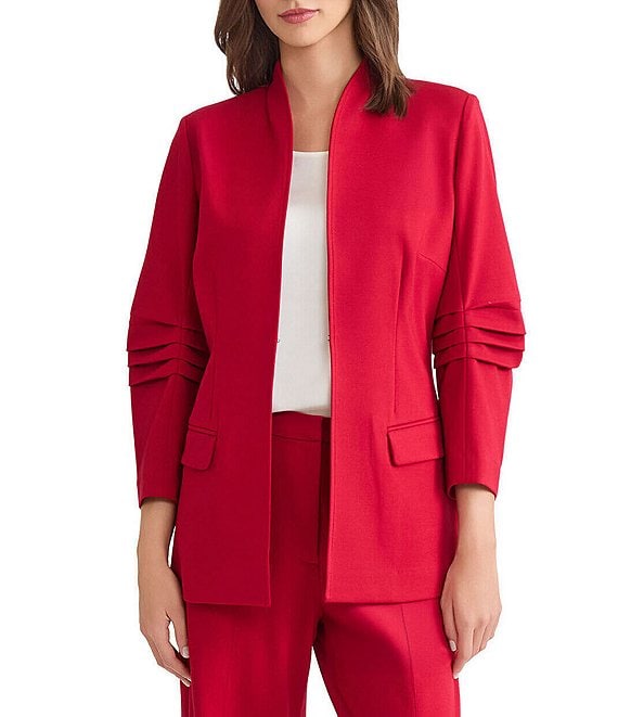 MISOOK Luxe Stretch Ponte Modified Mandarin Collar 3/4 Pleated Sleeve Blazer, Scarlet Red - Image 1