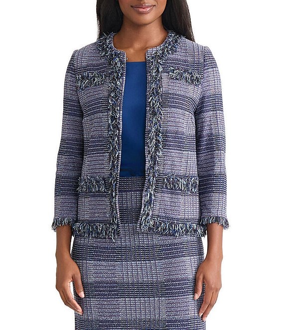 MISOOK Plaid Knit Crew Neck Bracelet Sleeve Fringe Trim Jacket, Lazuli Blue Multi - Image 1