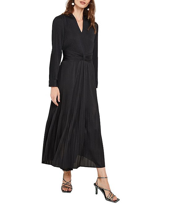 MISOOK Plisse Pleated Woven V-Neck Long Sleeve A-Line Maxi Dress ...