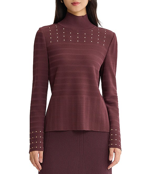 MISOOK Shadow Stripe Ribbed Knit Mock Neck Long Sleeve Metallic Stud Embellished Top