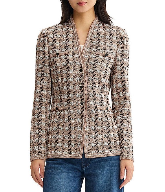 MISOOK Tailored Houndstooth Tweed Knit Wrinkle-Resistant Button-Front Jacket