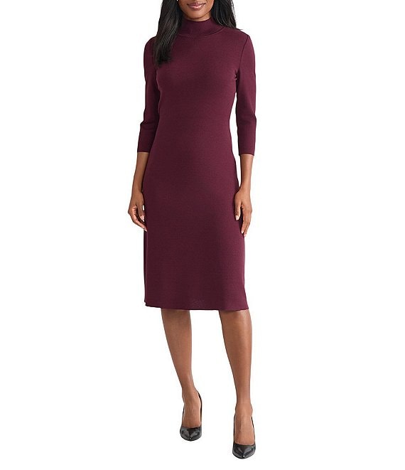MISOOK Tonal Knit Mock Neck 3/4 Sleeve A-Line Dress, Sangria - Image 1