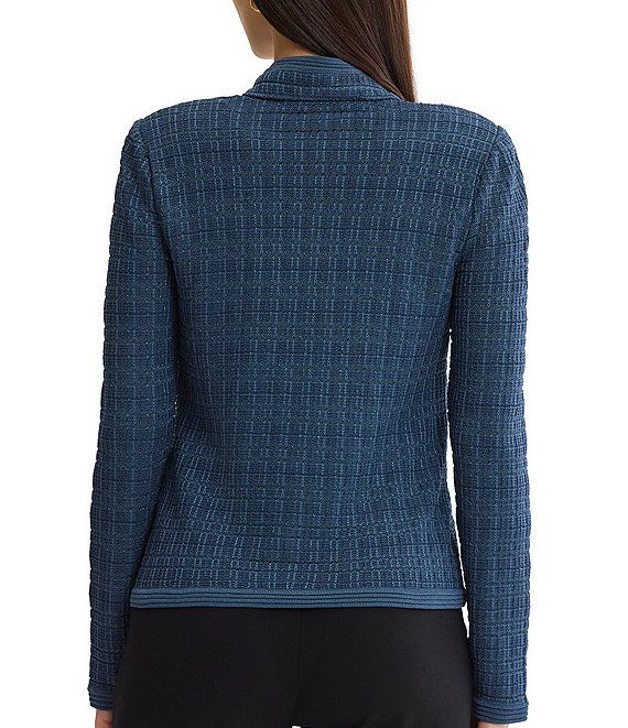 MISOOK Tonal Tweed Knit Sculpted Stand Collar Long Sleeve Button