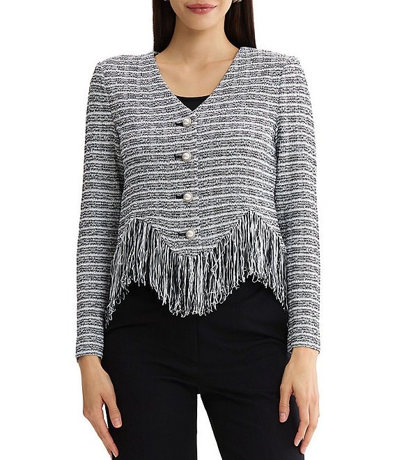 MISOOK Tweed Knit Striped V-Neck Long Sleeve Chevron Fringe Trim Button-Front Jacket