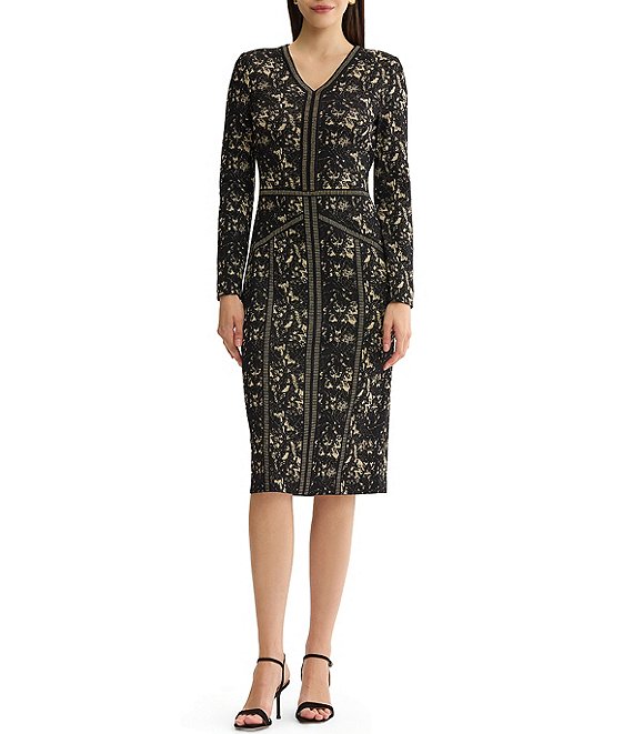 MISOOK Wrinkle-Resistant Abstract Print V-Neck Long Sleeve Sheath Dress