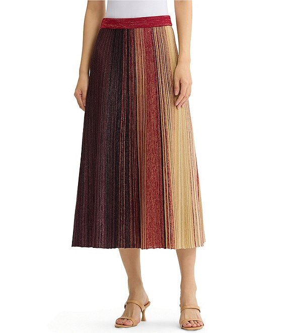 MISOOK Wrinkle-Resistant Lurex Metallic Knit No-Roll Waist Stripe Flared Coordinating Midi Skirt