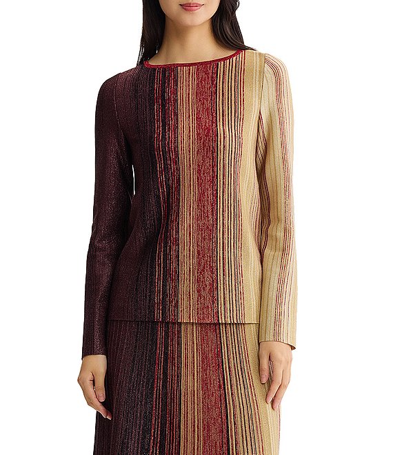 MISOOK Wrinkle-Resistant Shimmer Lurex Metallic Knit Stripe Boat Neck Long Sleeve Coordinating Tunic