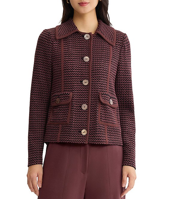 MISOOK Wrinkle-Resistant Zig-Zag Knit Point Collar Long Sleeve Button-Front Jacket