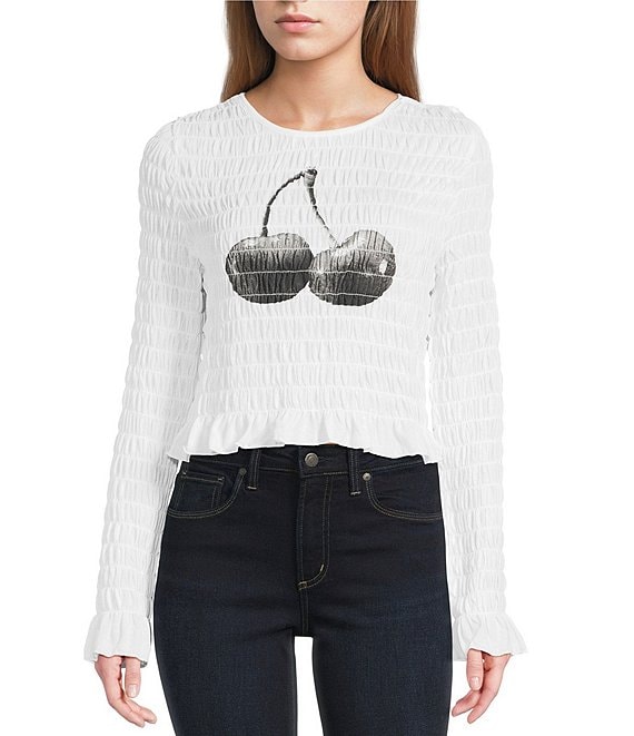 Miss Chievous Cherry Graphic Shirred Long Sleeve Top, White - Image 1