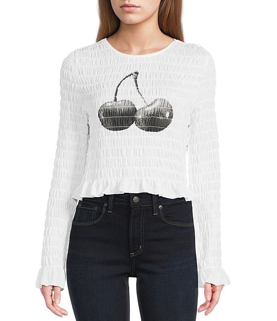 Miss Chievous Cherry Graphic Shirred Long Sleeve Top