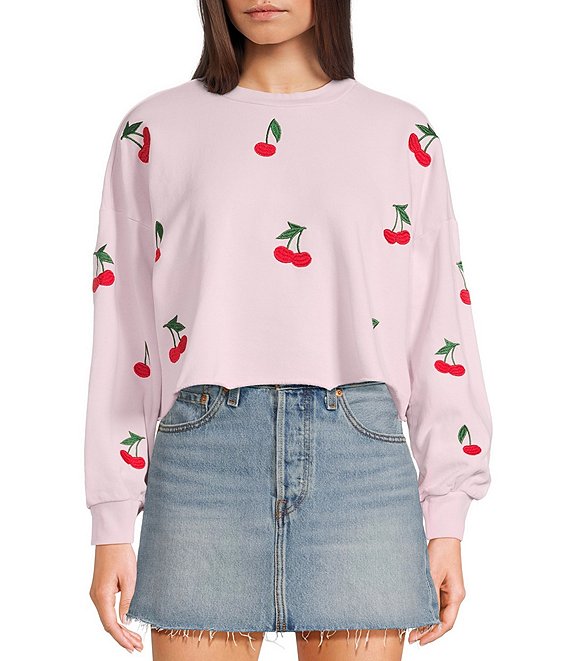 Miss Chievous Crew Neck Cherry Embroidered Long Sleeve Top, Primrose Print - Image 1