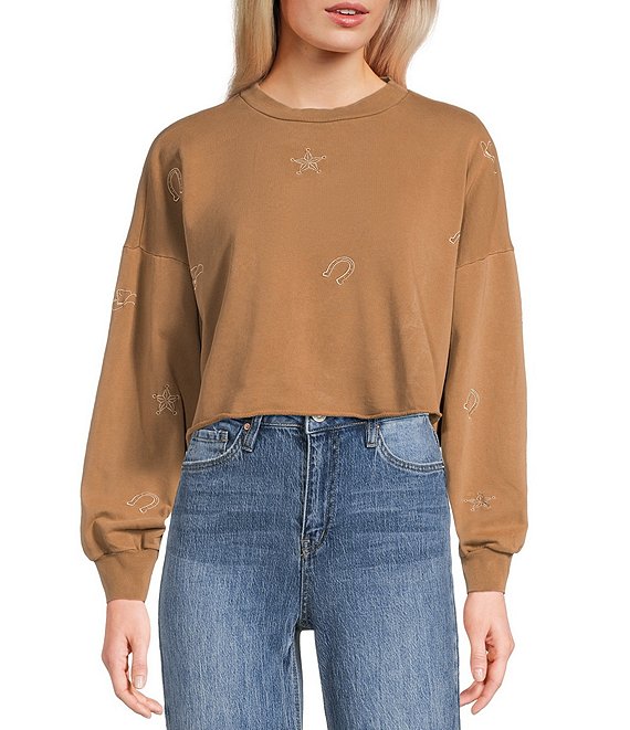 Miss Chievous Crew Neck Western Embroidered Long Sleeve Top, Chocolate Brown - Image 1