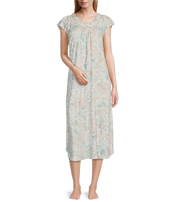 Miss Elaine Cottonessa Cap Sleeve Long Botanical Gown | Dillard's