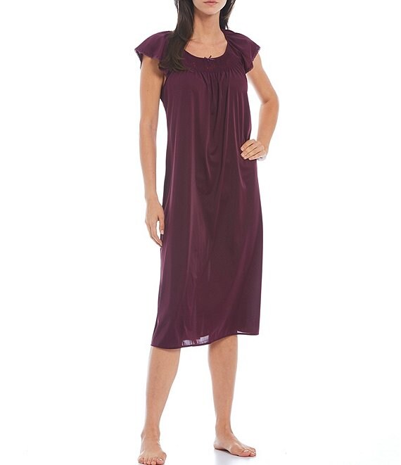 Color:Eggplant - Image 1 - Embroidered Flutter-Sleeve Round Neck Midi Nightgown
