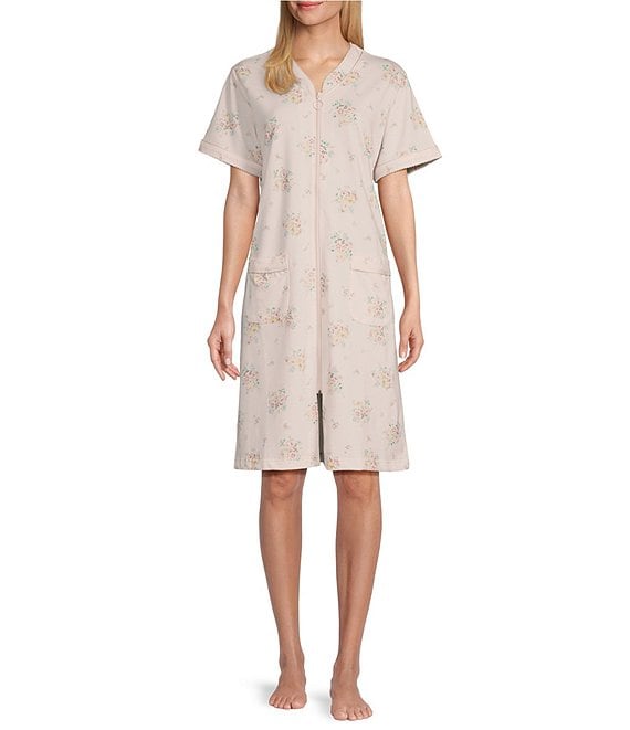 Miss Elaine Petite Size Floral Print Short Sleeve V Neck French Terry Knit Short Zip Robe Dillard s