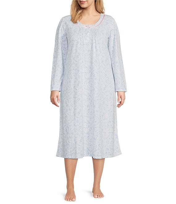 Color:Powder Blue Rosewood - Image 1 - Plus Size Brushed Rosewood Print Honeycomb Knit Long Sleeve Nightgown