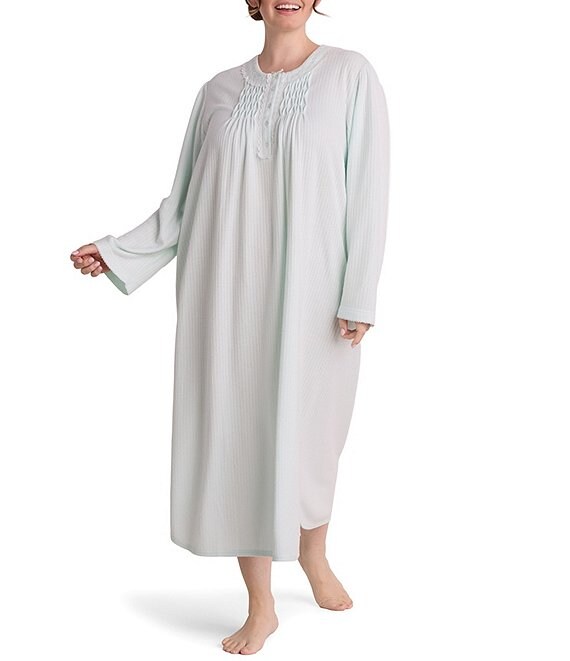 Miss Elaine Plus Size Brushed Solid Honeycomb Knit Long Night Gown