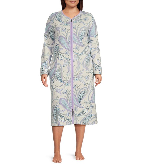 Miss Elaine Plus Size Paisley Printed French Terry Knit Long Zipper Robe