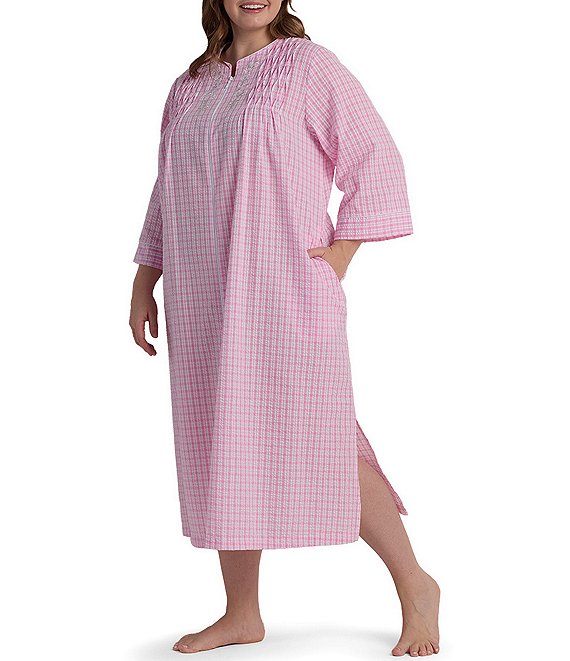 Miss Elaine Plus Size Seersucker 3/4 Sleeves Checkered Long Zip-Front Robe, Pink/White Check - Image 1