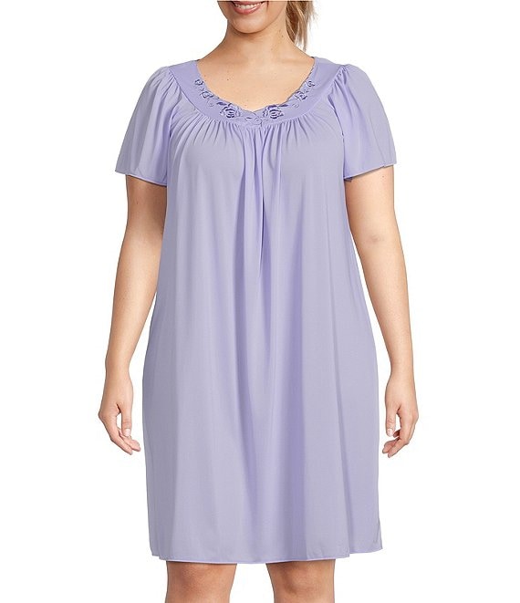 Color:Lilac - Image 1 - Plus Size Jewel Neck Tricot Short Nightgown
