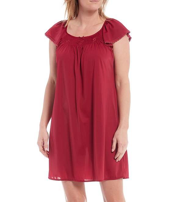 Color:Dark Cherry - Image 1 - Embroidered Flutter-Sleeve Short Nightgown