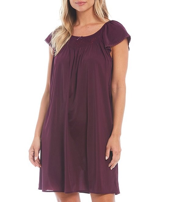 Color:Eggplant - Image 1 - Embroidered Flutter-Sleeve Short Nightgown