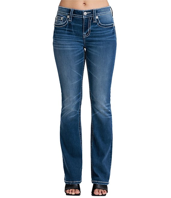 Miss Me Embellished-Cross-Pocketed Mid Rise Bootcut Jeans