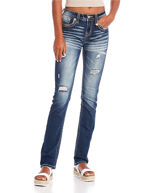 Miss Me Heavy Stitch Flap Pocket Mid Rise Straight Jeans | Dillard's